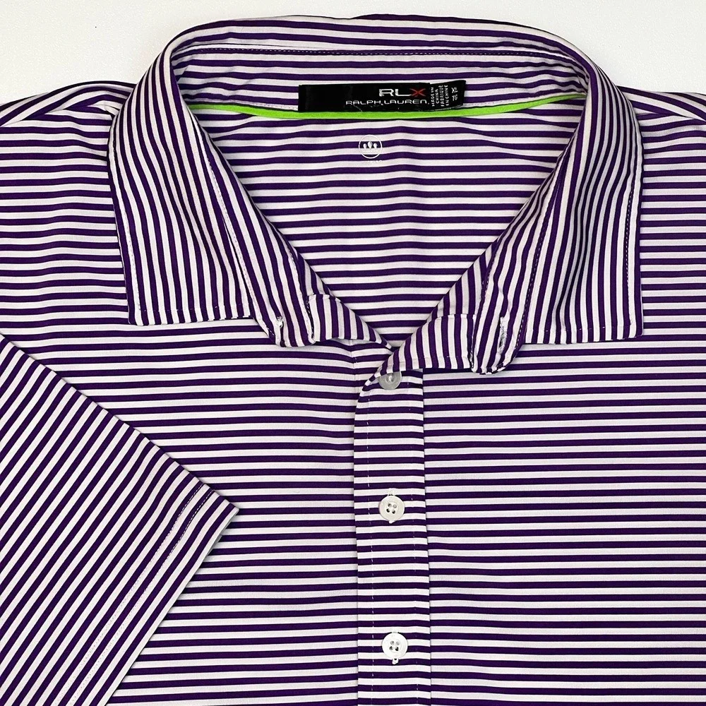 RLX Ralph Lauren Mens XL Purple/White Striped Wicking Lightweight Golf Polo